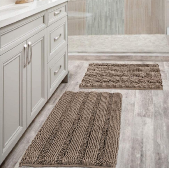 None Other - Chenille Striped Pattern Bath Rugs Taupe Brown
